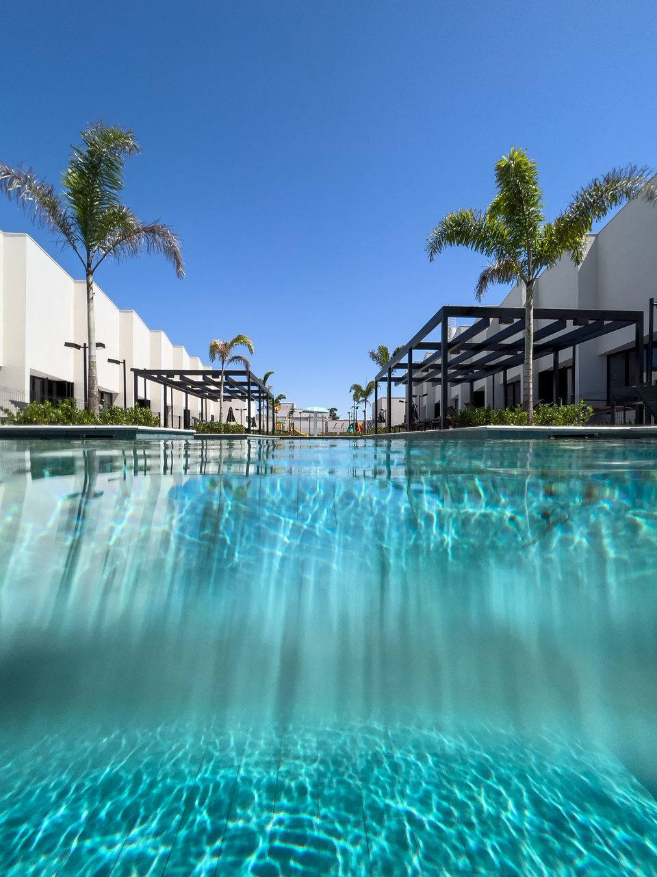 A piscina do Village vista da linha d'água, com os lofts e as palmeiras ao fundo